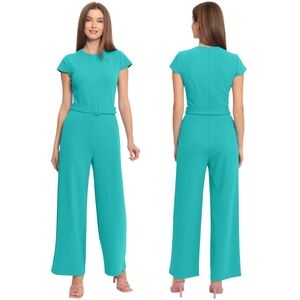 Maggy London | Eliza Aqua Blue Shortsleeve Belted Wide Leg Jumpsuit Size 18